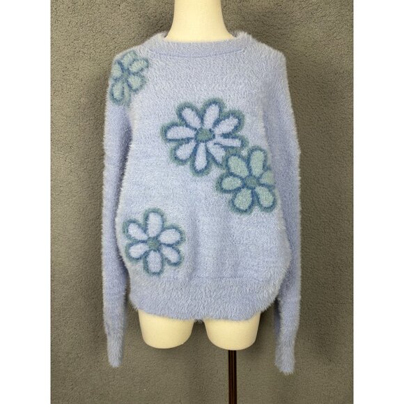 Hooked up by Iot Women's Juniors' Eyelash Fuzzy Floral Sweater Medium Blue NWT's - Picture 3 of 8